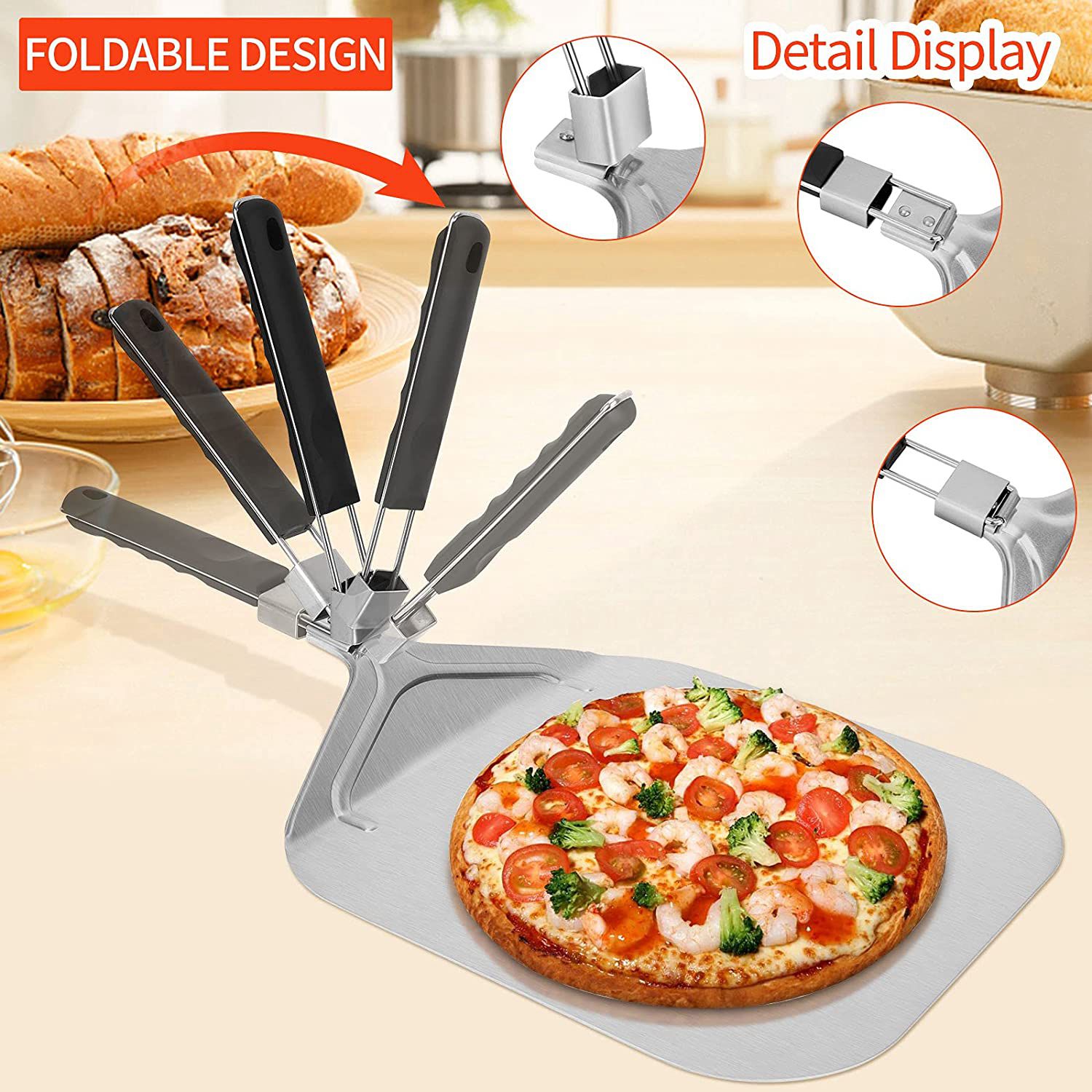 Pizza Stone Baking - WSFS! ピザストーン用折りたたみアルミピザピール、オーブン＆グリルでピザとケーキを焼くためのプロ仕様家庭用ピザシャベル