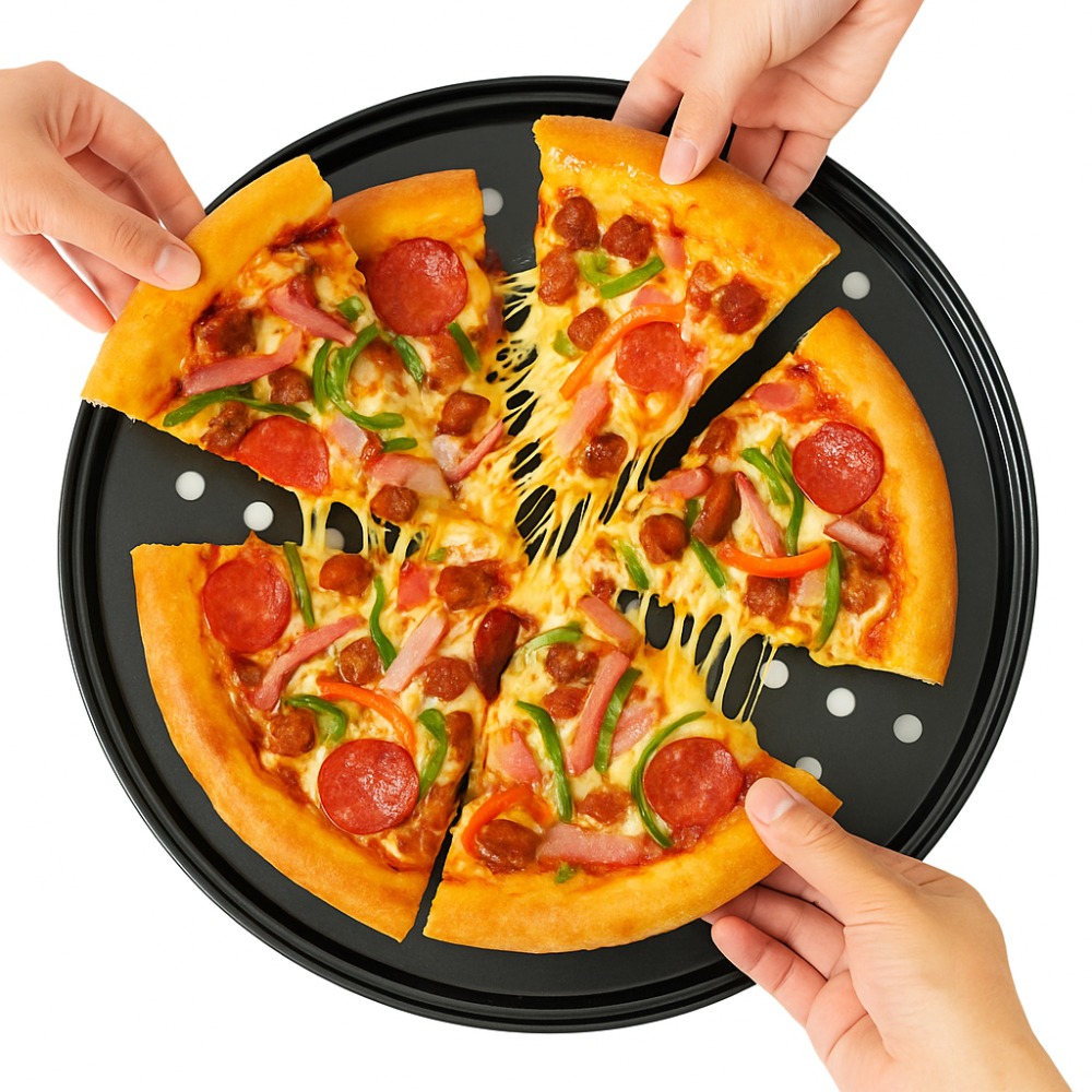 Pizza Stone Baking - 炭素鋼製穴あきピザパンセット 9/10/11/12/14インチ ノンスティック調理プレート 多目的丸型ベーキングツール