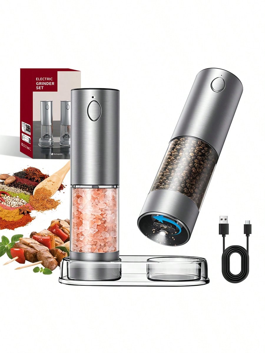 Kitchen Gadgets Gift Ideas - 2ピース電動ソルトペッパーグラインダーセット、USB充電、LEDライト、片手自動操作、厚さ調整可能な振動スクリーン、ステンレス製ハウジング、キッチンガジェットギフトアイデア