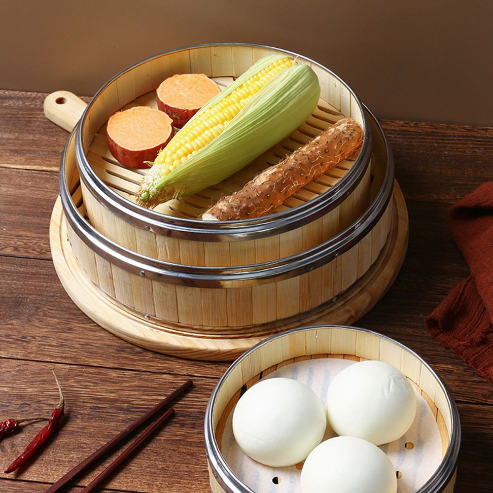 Kitchen Gadgets Gift Ideas - スチールハンドルのギフトに最適な中国のキッチン用品、竹編みの蓋付き竹蒸し器、蒸しバスケット、食品蒸し器