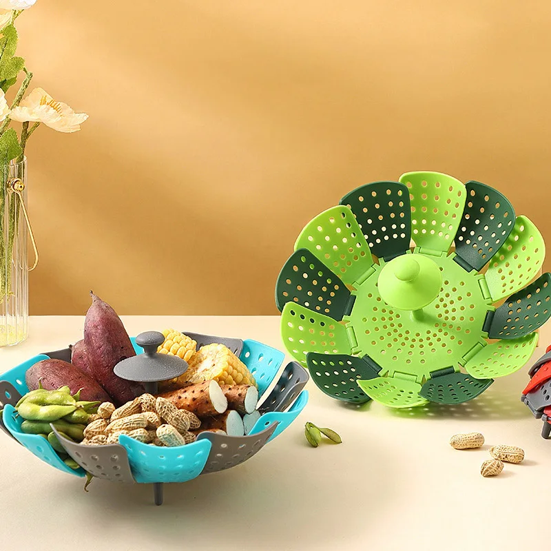 Silicone Steamer Basket - 折りたたみ食品蒸し器野菜と果物の食品バスケット蒸し器ラック調理器具スチームキッチンアクセサリー
