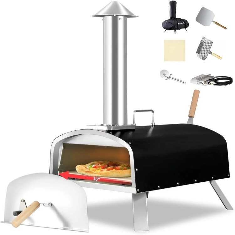 Pizza Stone Baking - 16インチ屋外ピザオーブン、プロパンと薪で焚くステンレス鋼グリル、ガスバーナー、木製トレイ、石、ピール付き