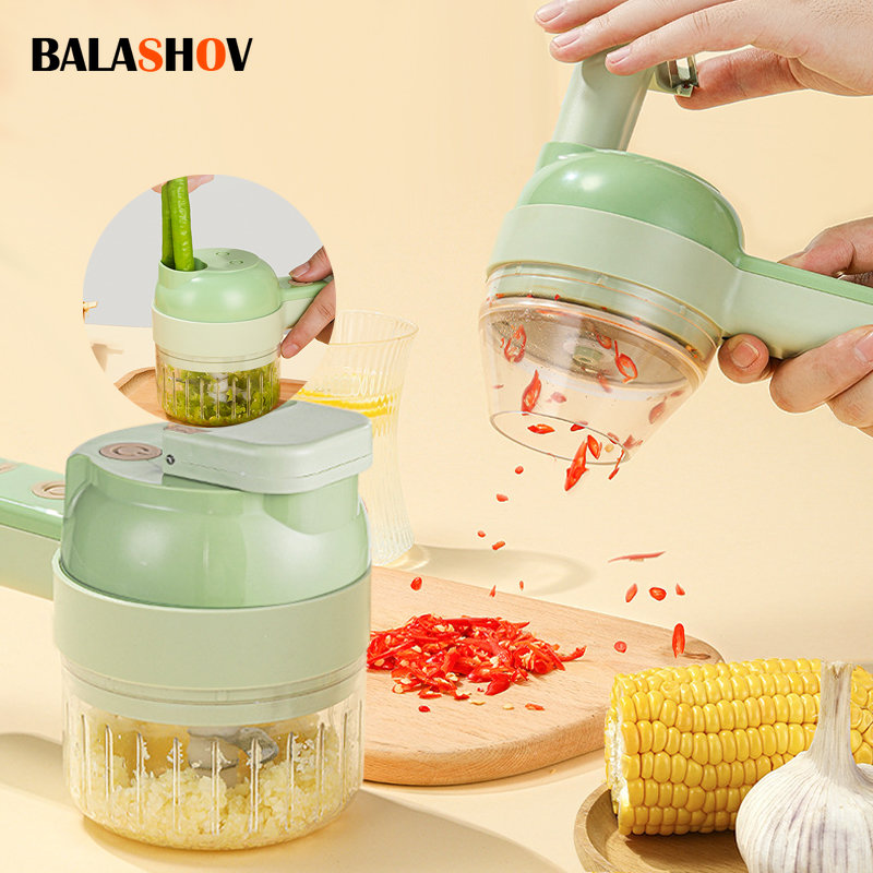 Kitchen Gadgets Machine - 4In1 電気野菜カッターセットハンドヘルドワイヤレス電気ガーリックマッシャー食品チョッパー肉グラインダーマシン食品皮スライス