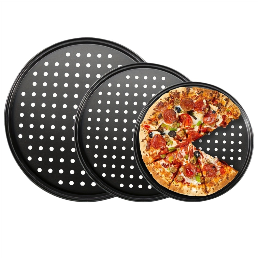 Pizza Stone Baking - カーボンスチール製穴あきピザパンセット ノンスティック多目的調理プレート 9/10/11/12/14インチ 丸型ピザベーキングトレイ